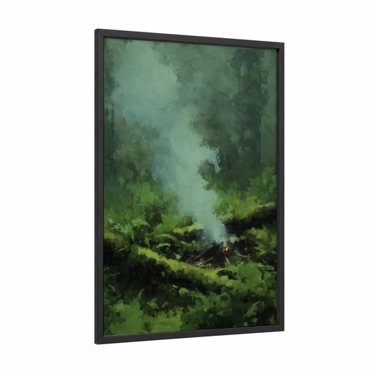Misty Forest Campsite framed camping print — black wood frame — green and gray palette