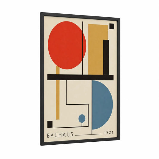 Bauhaus Geometric Composition Wall Art framed abstract geometric print — black wood frame — red and beige palette