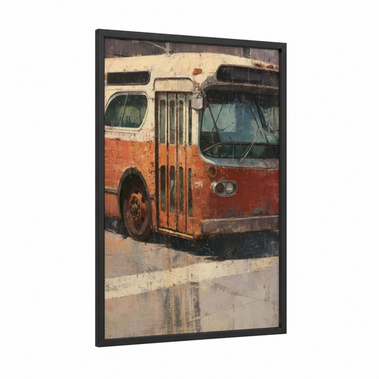 Weathered Bus Pair framed art print — black wood frame — russet and cream palette