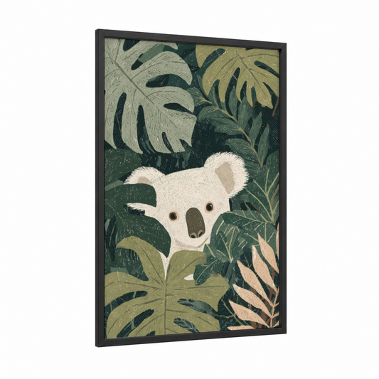 Leafy Koala framed art print — black wood frame — green and white palette