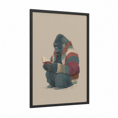 Reading Gorilla framed art print — black wood frame — cream and russet palette