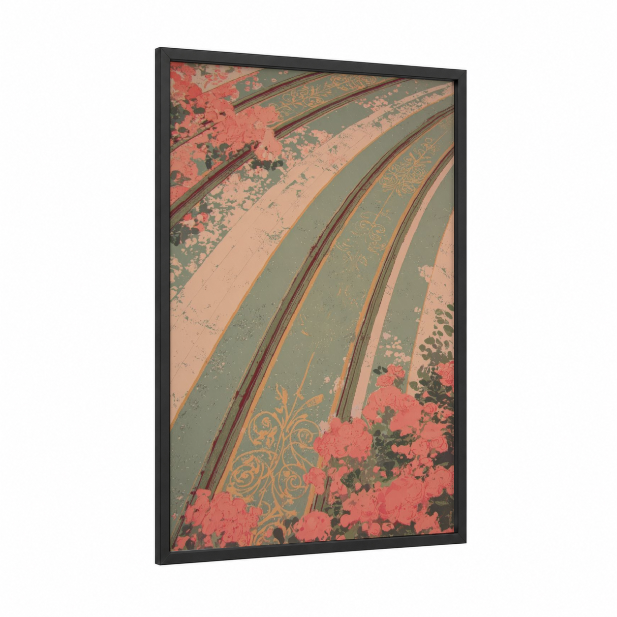 Vintage Train Passage framed train tracks print — black wood frame — salmon pink and sage green palette