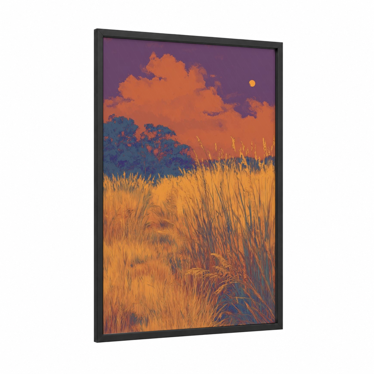 Golden Sunset Fields framed grass print — black wood frame — orange and purple palette