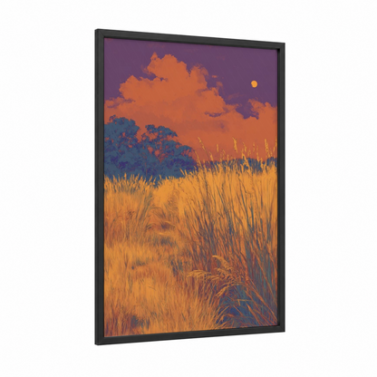 Golden Sunset Fields framed grass print — black wood frame — orange and purple palette