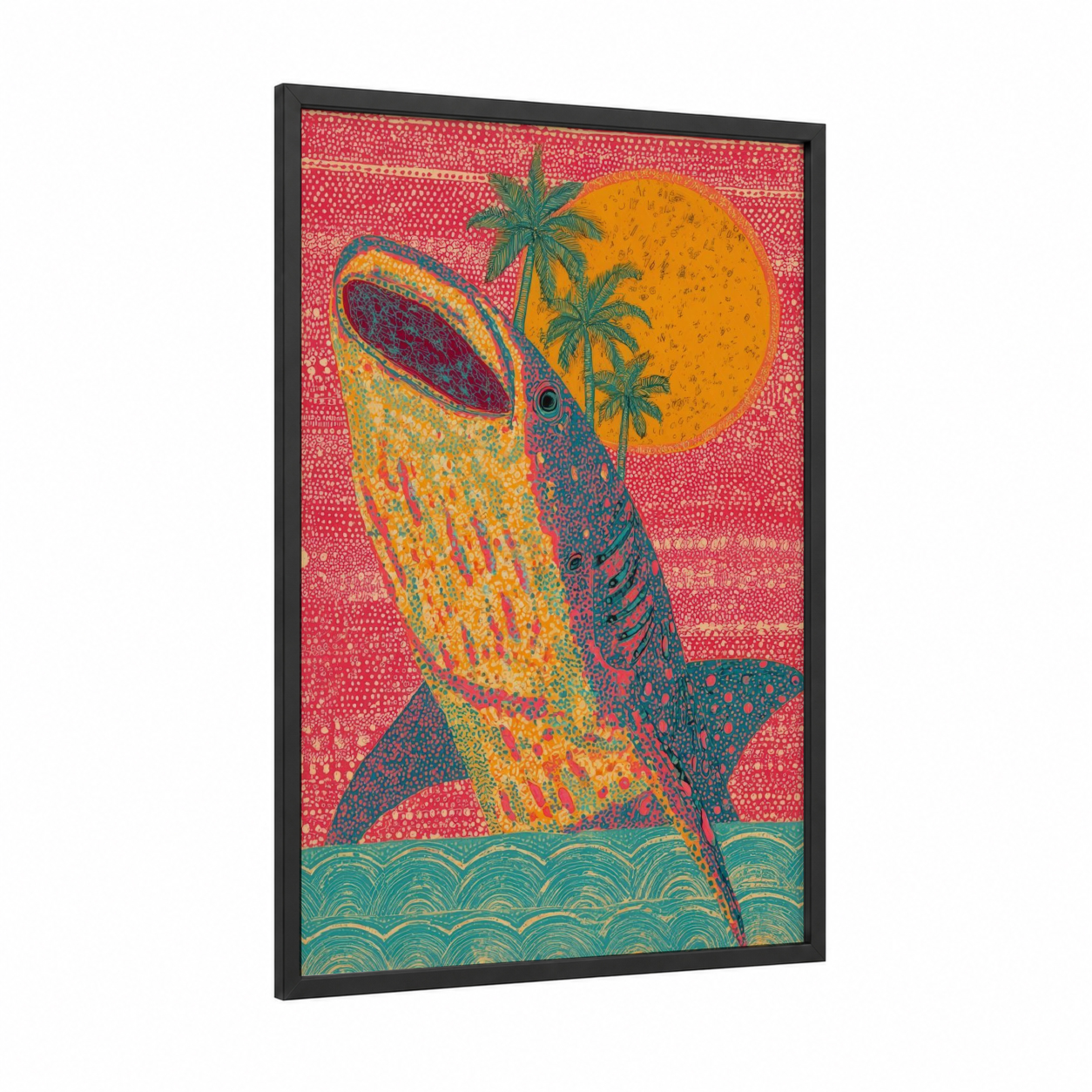 Tropical Whale Shark framed art print — black wood frame — gold and teal palette