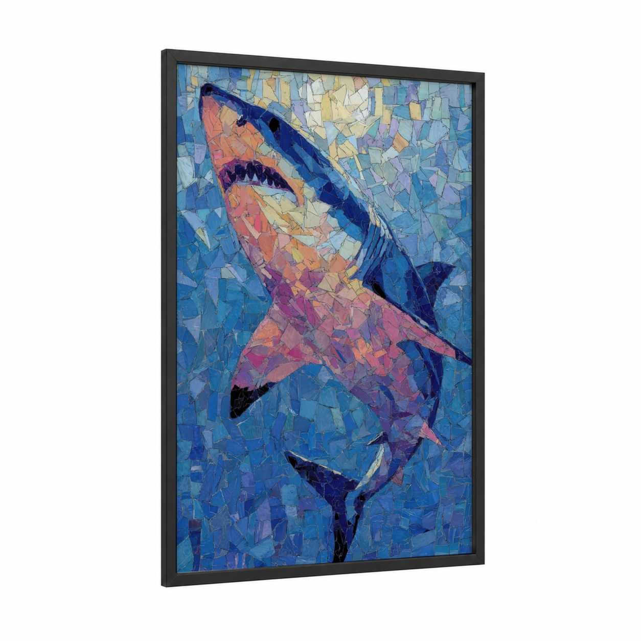 Prismatic Shark framed blue shark print — black wood frame — blue and orange palette