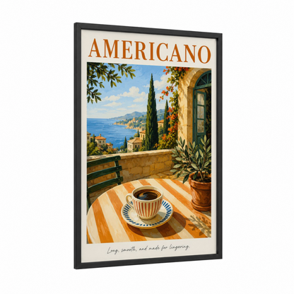 Mediterranean Coffee Terrace Coastal Wall Art framed art print — black wood frame — blue and orange palette