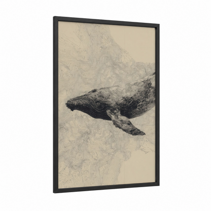 Serene Humpback framed humpback whale print — black wood frame — beige and black and white palette