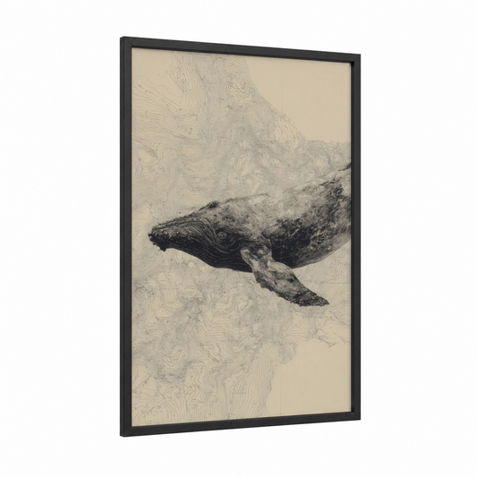 Serene Humpback framed humpback whale print — black wood frame — beige and black and white palette