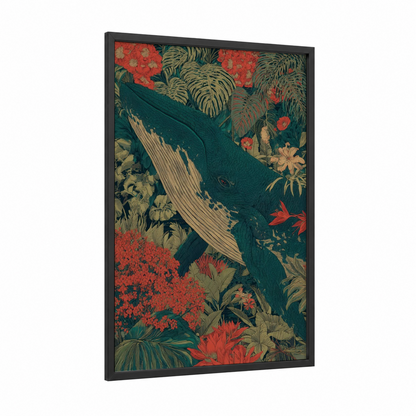 Tropical Whale Dive framed blue whale print — black wood frame — teal and gold palette