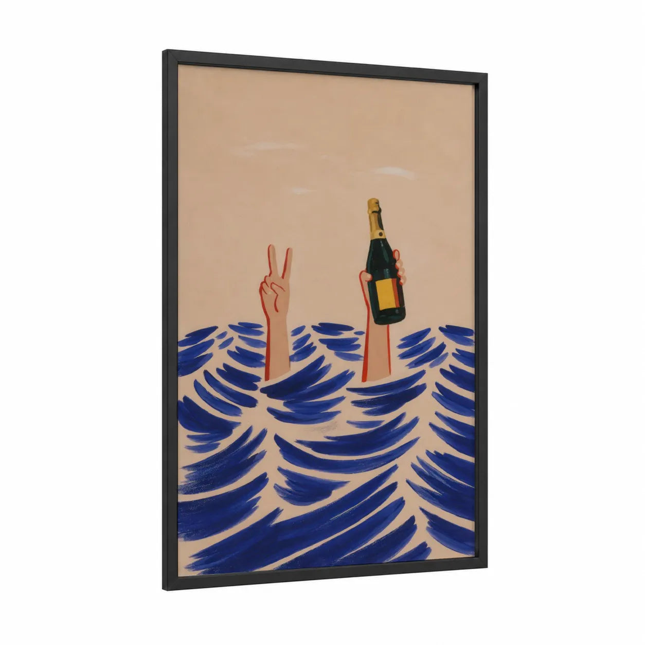 Champagne Celebration Ocean Wave Wall Art framed art print — black wood frame — blue and beige palette