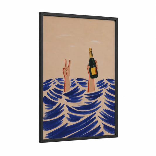 Champagne Celebration Ocean Wave Wall Art framed art print — black wood frame — blue and beige palette
