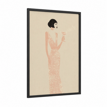 Elegant Celebration framed new years eve print — black wood frame — salmon pink and cream palette