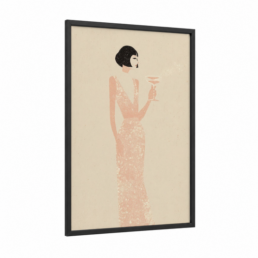 Elegant Celebration framed new years eve print — black wood frame — salmon pink and cream palette