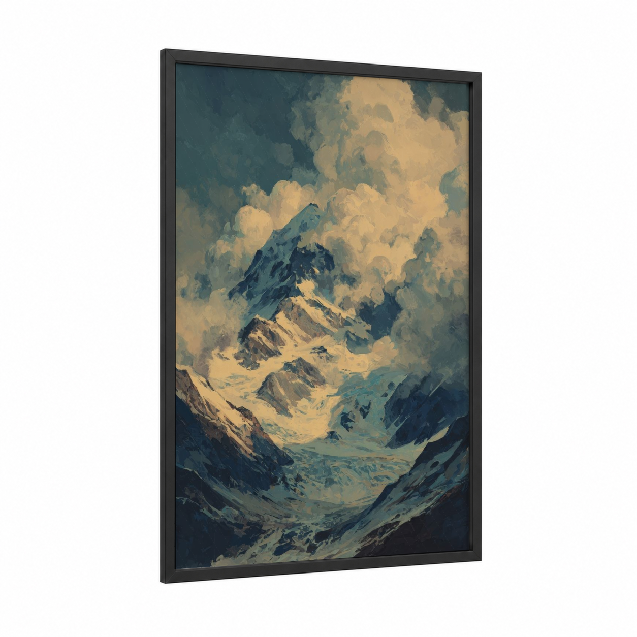Alpine Glacier Peak framed art print — black wood frame — blue and white and gold and white palette