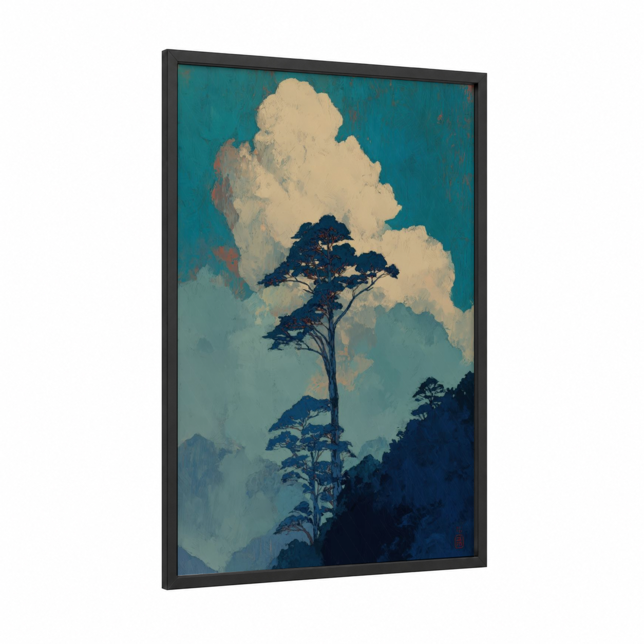Misty Kauri Tree framed art print — black wood frame — teal and cream palette