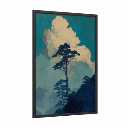 Misty Kauri Tree framed art print — black wood frame — teal and cream palette