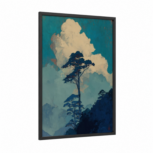 Misty Kauri Tree framed art print — black wood frame — teal and cream palette