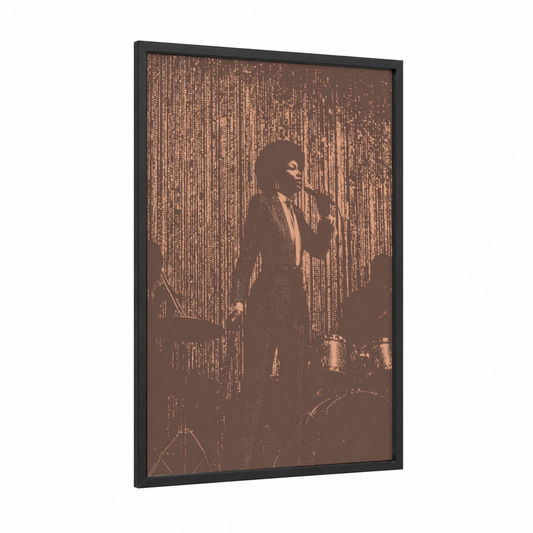 Funk Soul Singer framed art print — black wood frame — champagne gold and espresso palette