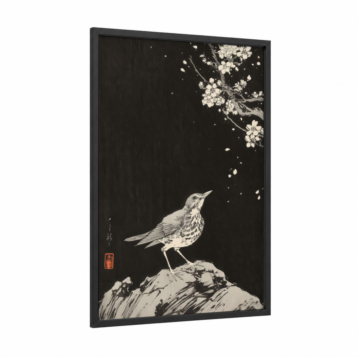 Nightingale Blossom framed thrush print — black wood frame — black and white palette