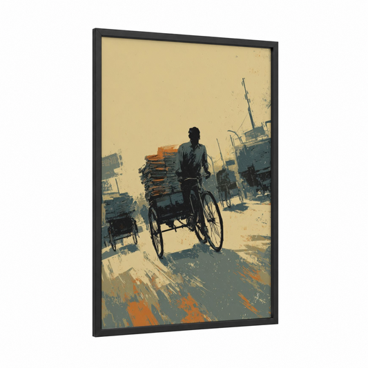 Loaded Rickshaw framed art print — black wood frame — gold and gray palette