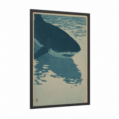 Coastal Bull Shark framed art print — black wood frame — teal and cream palette