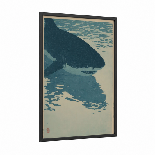 Coastal Bull Shark framed art print — black wood frame — teal and cream palette