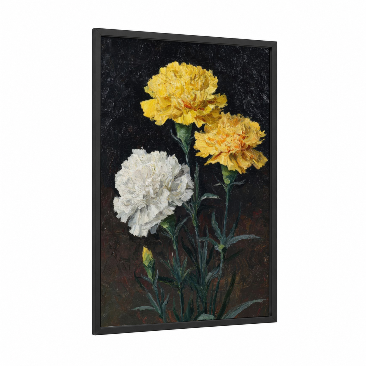 Sunset Carnations framed art print — black wood frame — gold and white palette