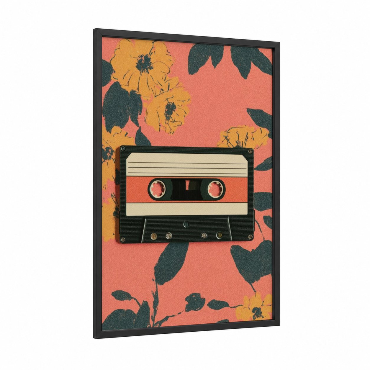 Retro Cassette Bloom framed casette print — black wood frame — peach and dark green palette