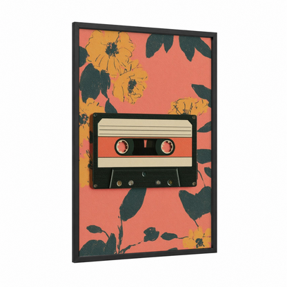 Retro Cassette Bloom framed casette print — black wood frame — peach and dark green palette