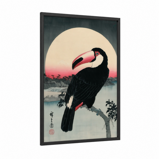 Sunset Toucan framed art print — black wood frame — salmon pink and black palette