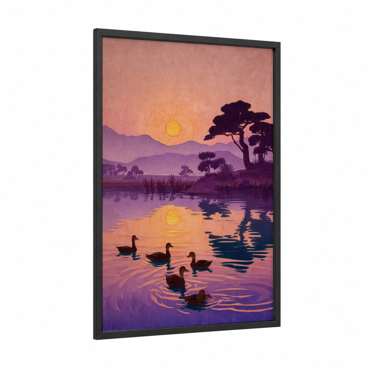 Golden Sunset Ducks framed art print — black wood frame — peach and purple palette