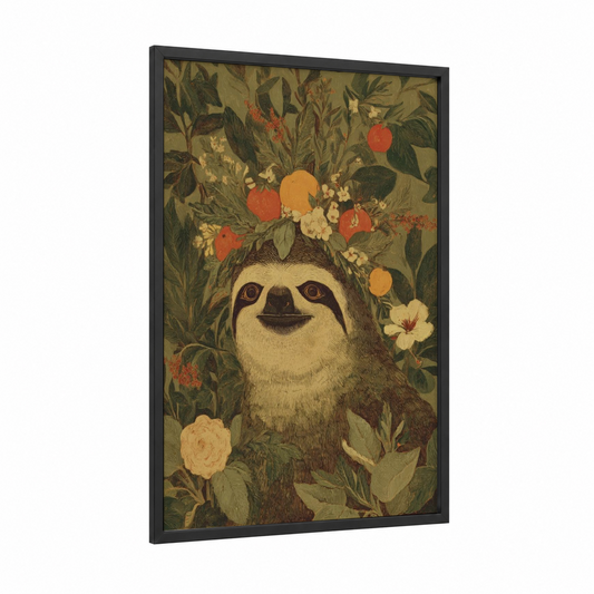 Flowering Sloth framed art print — black wood frame — olive and cream palette