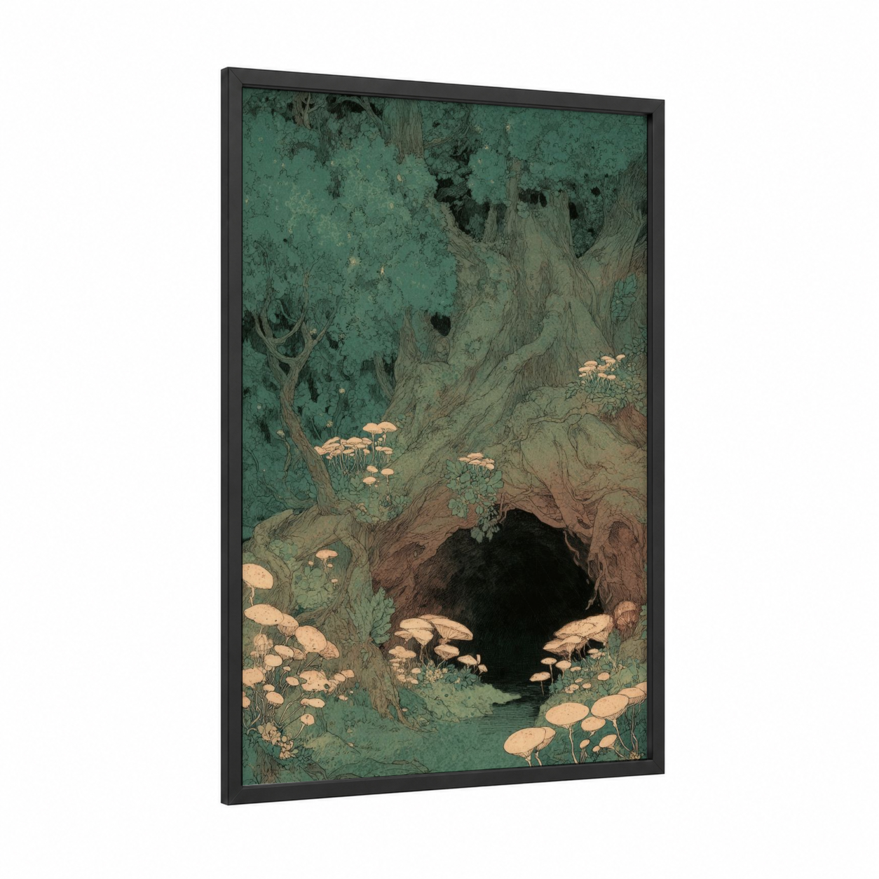 Enchanted Forest Tunnel framed art print — black wood frame — teal and cream palette