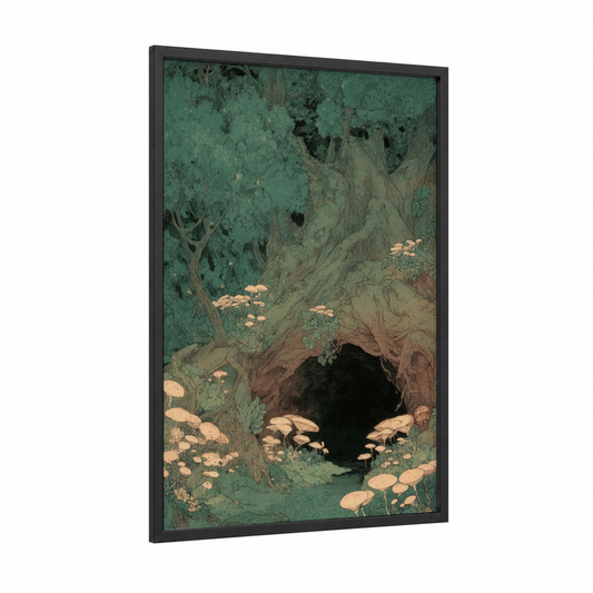 Enchanted Forest Tunnel framed art print — black wood frame — teal and cream palette