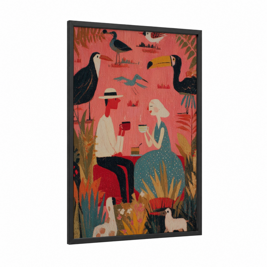 Garden Couple framed art print — black wood frame — salmon pink and teal palette