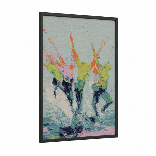Synchronized Splash framed synchronized swimming print — black wood frame — lime green and orange palette