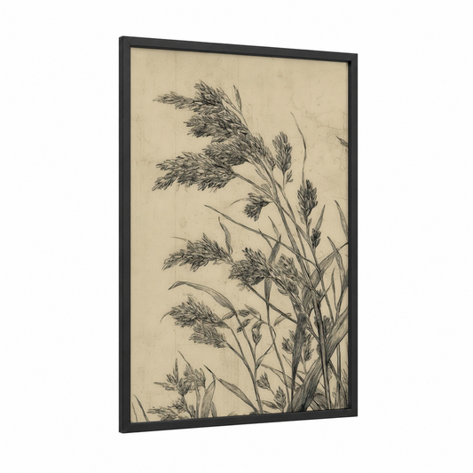 Windswept Grain framed art print — black wood frame — cream and black and white palette