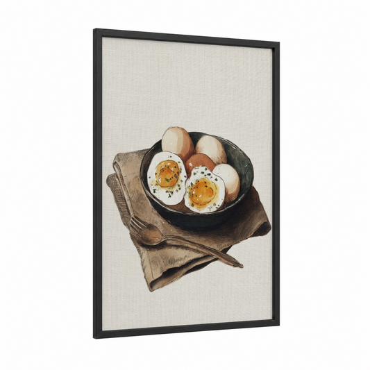 Soft-Boiled Breakfast framed art print — black wood frame — cream and brown palette