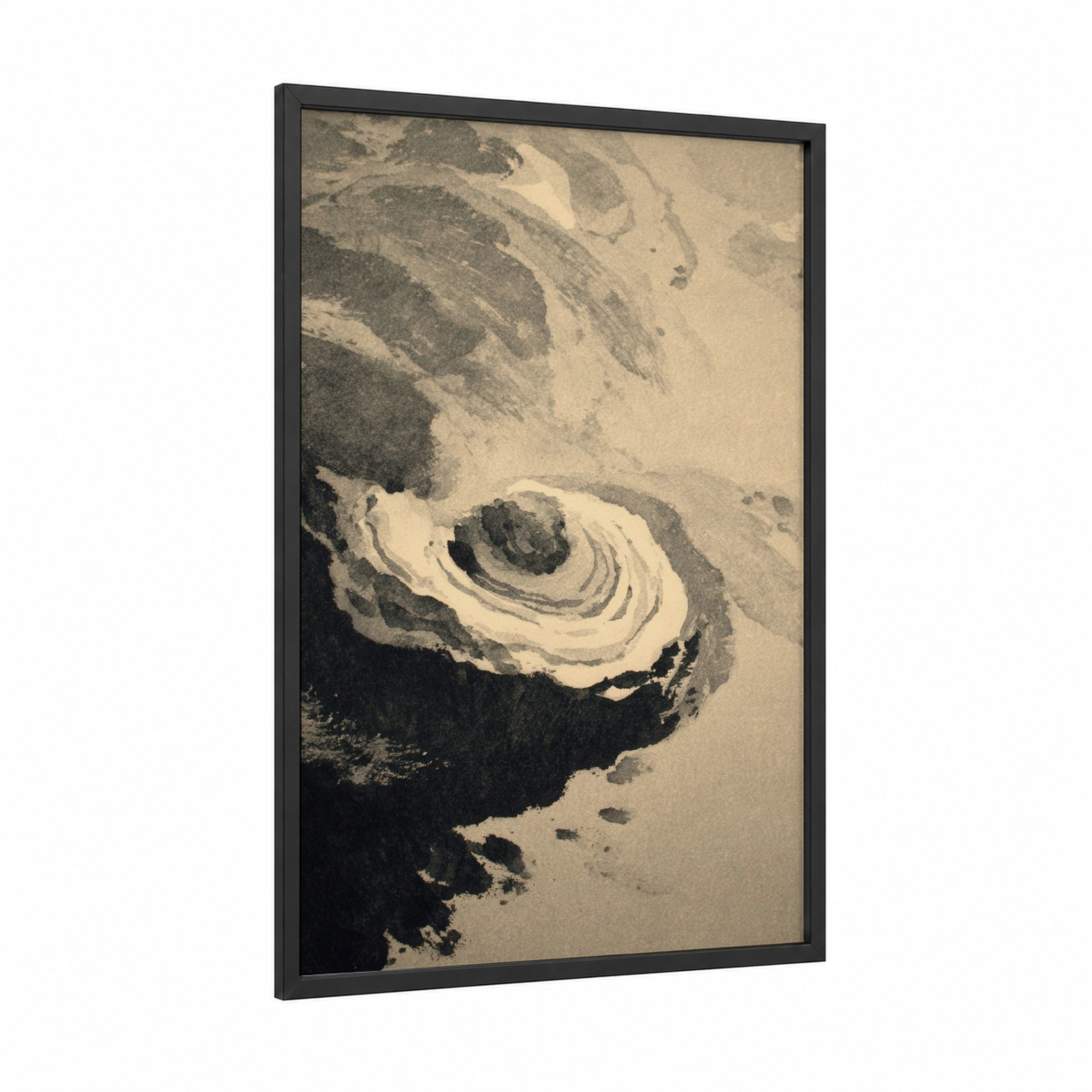 Aerial Oyster framed art print — black wood frame — beige and gray palette