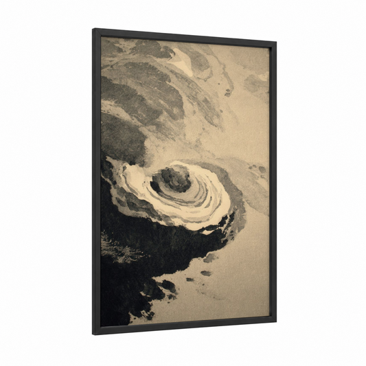 Aerial Oyster framed art print — black wood frame — beige and gray palette