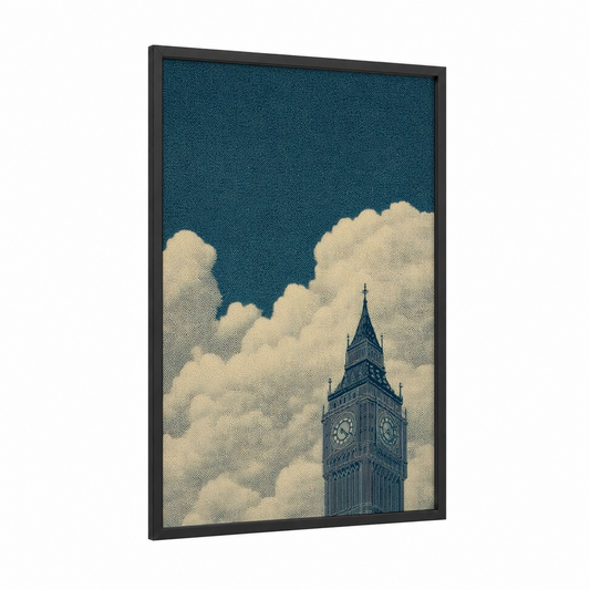 Cloudy Big Ben framed art print — black wood frame — dark blue and cream palette