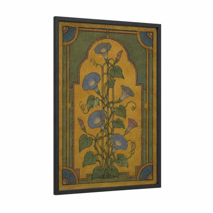 Art Deco Morning Glory Wall Art framed leaf print — black wood frame — gold and blue palette