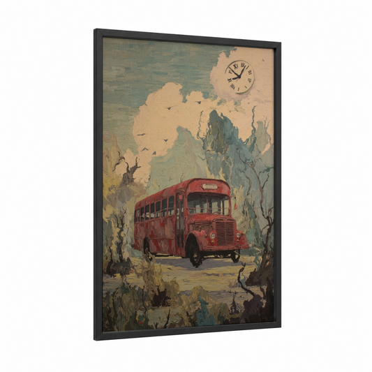 Red Bus Reverie framed art print — black wood frame — red and beige palette