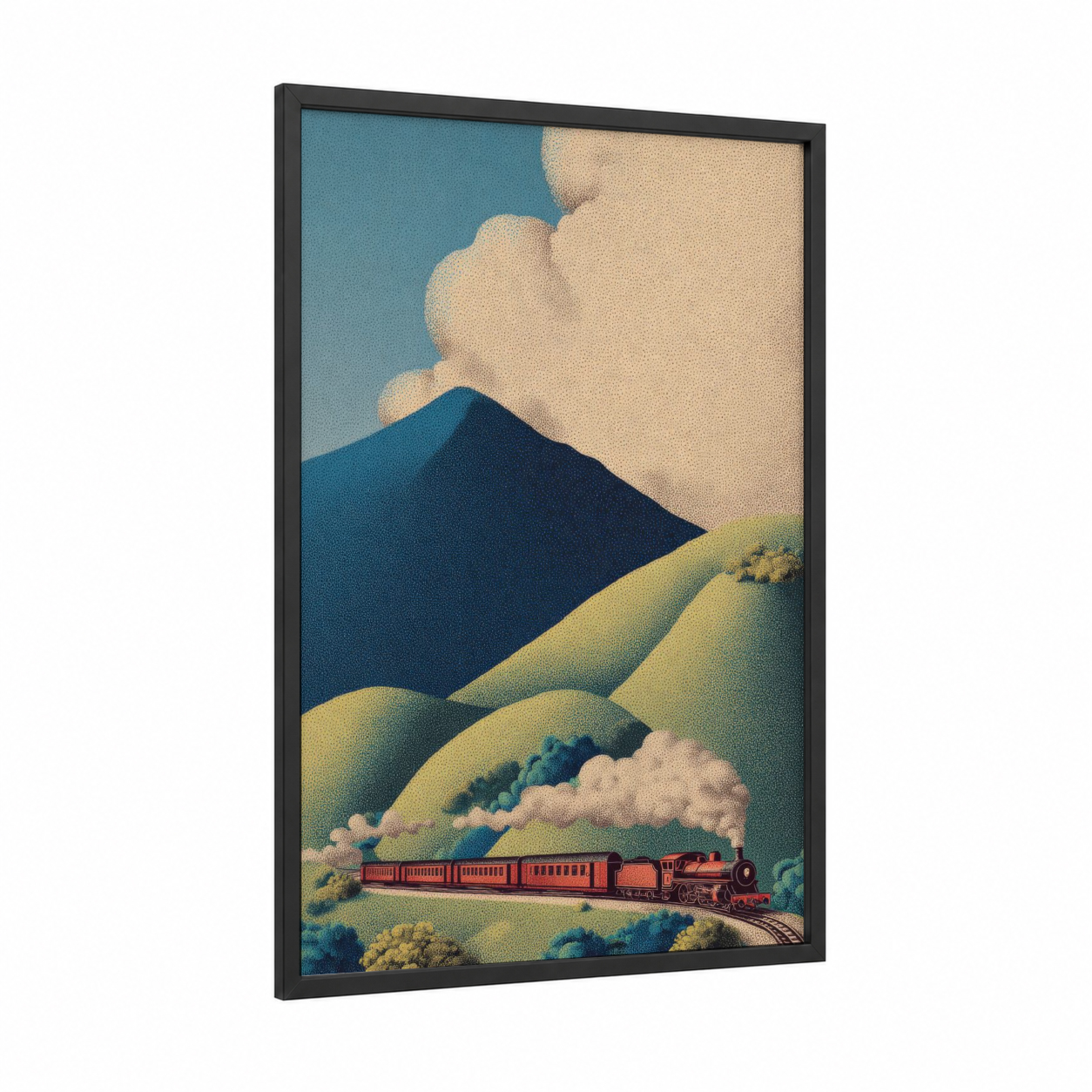 Mountain Express Train framed art print — black wood frame — teal and gold palette