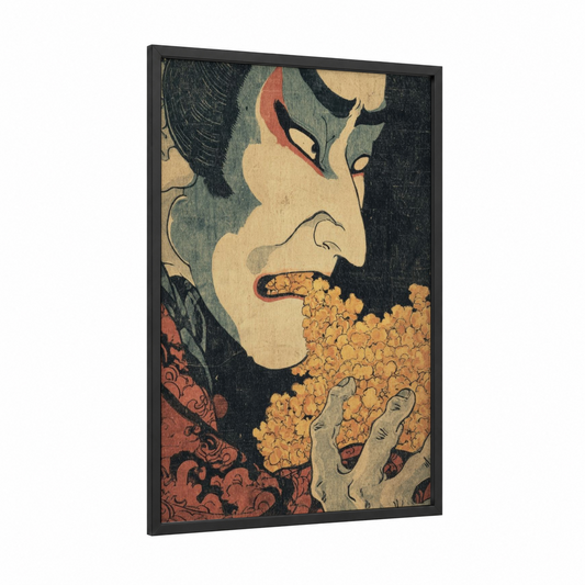 Vintage Popcorn framed art print — black wood frame — black and gold and cream palette