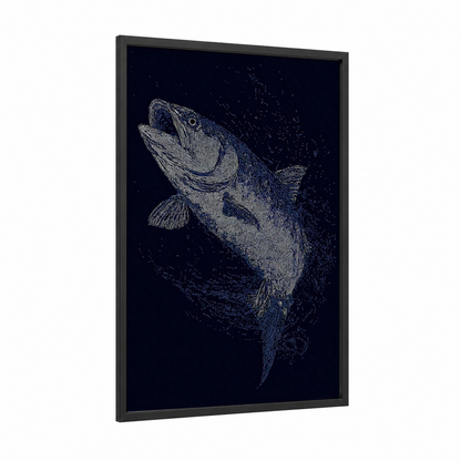 Luminous Tarpon framed art print — black wood frame — dark blue and white palette