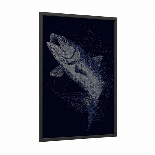 Luminous Tarpon framed art print — black wood frame — dark blue and white palette