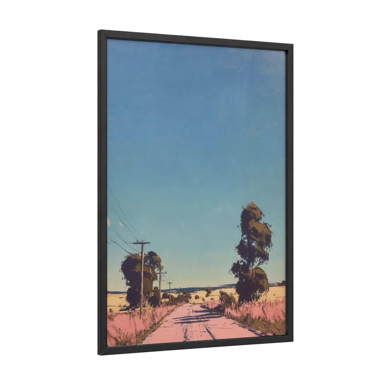 Pink Road Horizon framed various landscapes print — black wood frame — blue and gold and pink palette