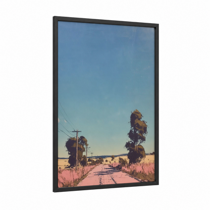 Pink Road Horizon framed various landscapes print — black wood frame — blue and gold and pink palette